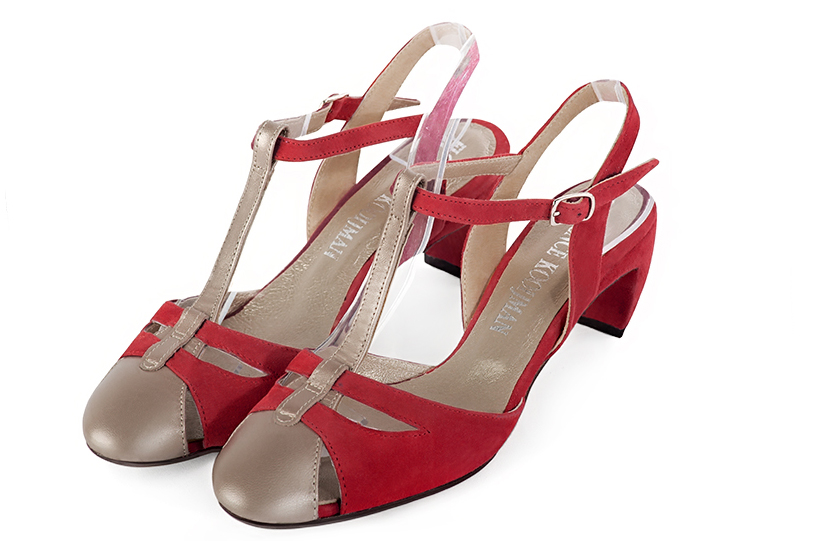 Tan beige and cardinal red women's open back T-strap shoes. Round toe. Medium comma heels. Front view - Florence KOOIJMAN